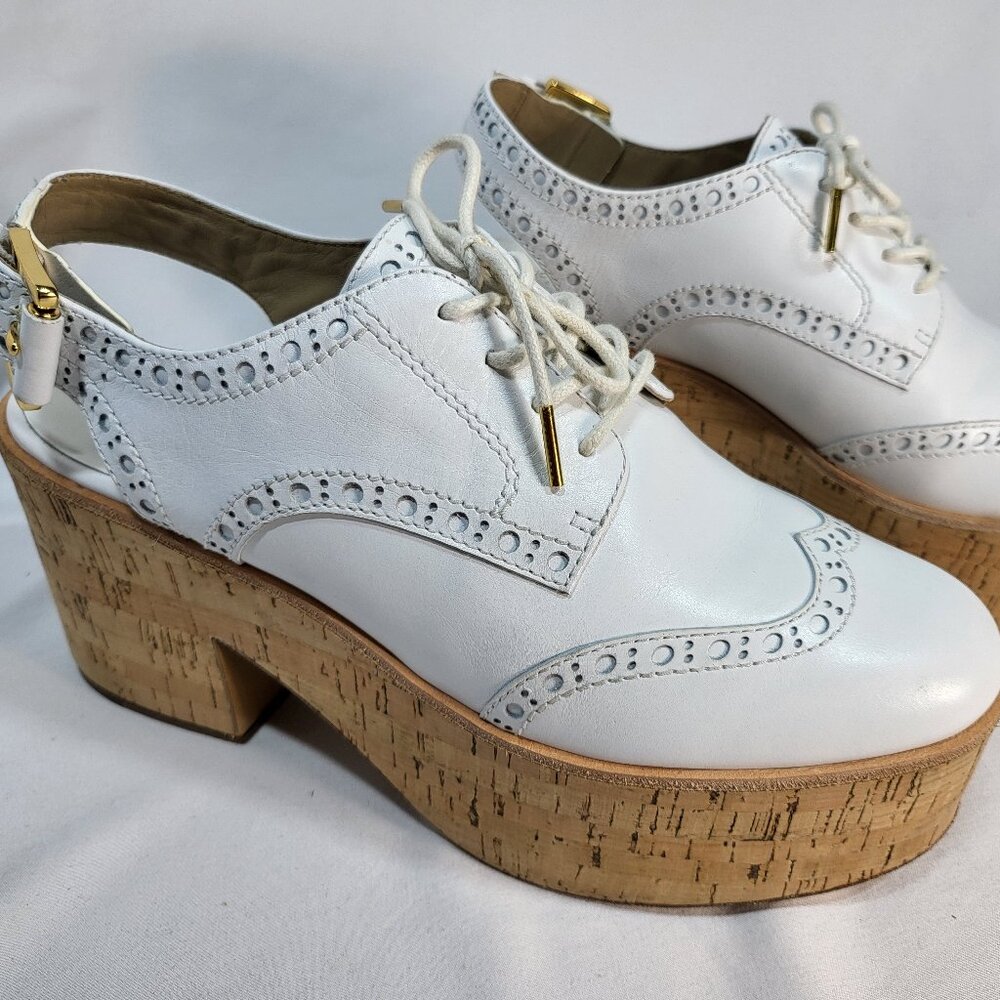Michael Kors Lex Platform Oxford Slingbacks White Leather Gold Hardware Size 9.5